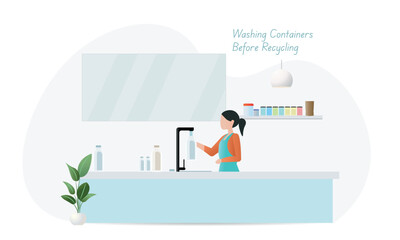 Woman washing containers before recycling at home