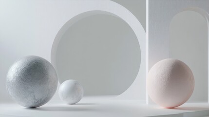 Minimalist white display with spheres