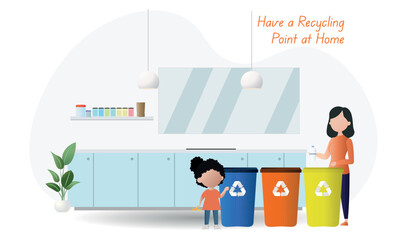 Family recycling waste at home using separate bins