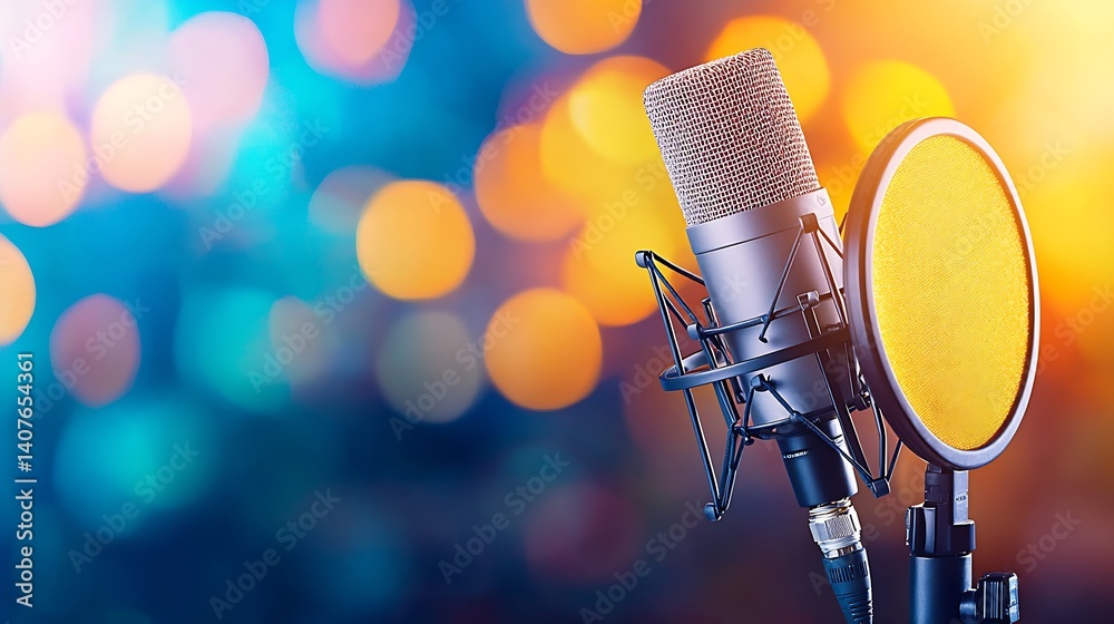 Poster Stylish microphone setup for professional recordings with warm bokeh lights in the background : Generative AI