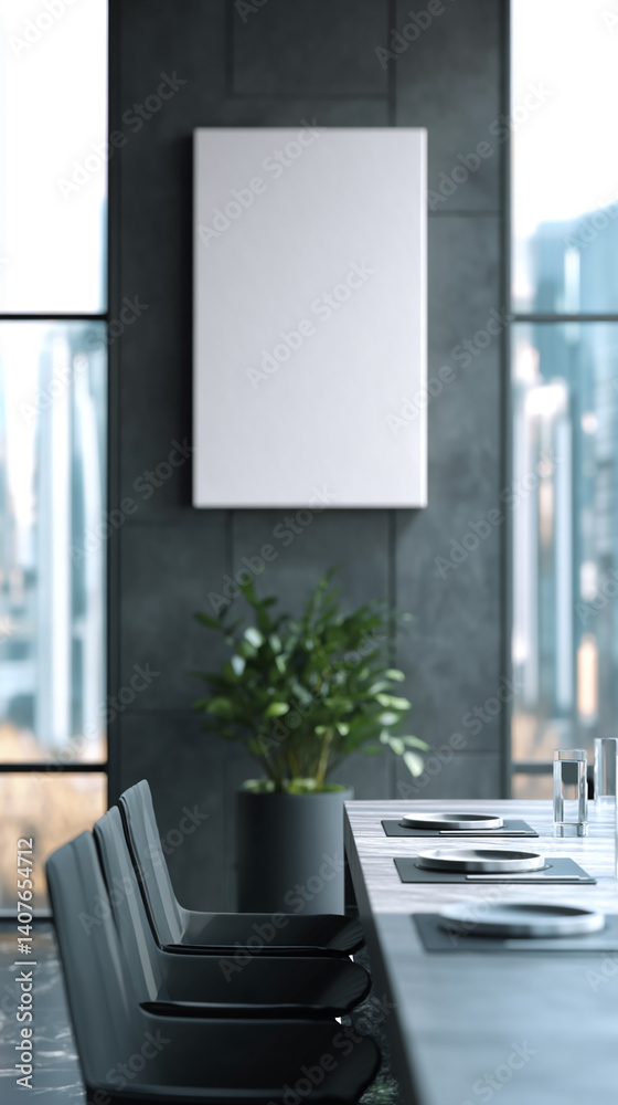Aufkleber modern office interior with a large blank canvas on the wall above a sleek table, showcasing a minim