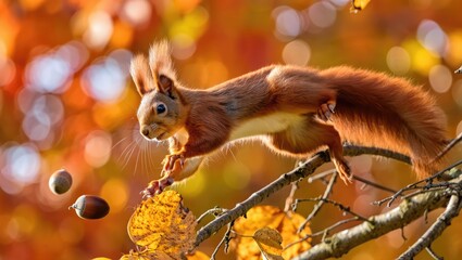 Obraz premium Squirrel leaping through branches in autumn leaves while reaching for acorns in a vibrant forest Generative AI