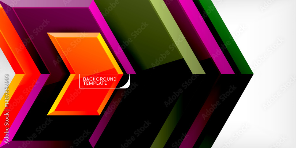 Poster Abstract geometric design features vibrant layered lines, creating dynamic arrow shape. Bold colors include orange, purple, magenta, green, black, white. Modern template for backgrounds.