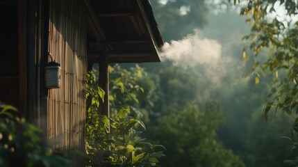Fototapeta premium rustic cabin with bamboo wall, surrounded by lush greenery, emits gentle plume of smoke, creating serene and tranquil atmosphere in nature
