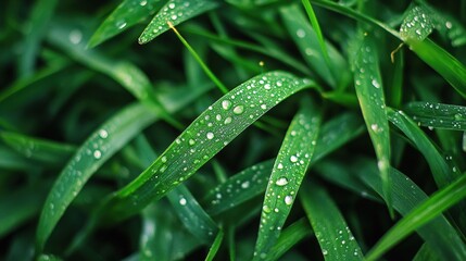 Morning dew glistens on green grass, capturing the beauty of nature in macro detail under soft sunlight