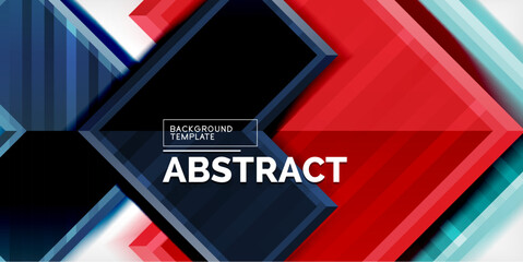 Modern abstract background features layered geometric shapes. Red, blue, black, white create dynamic visual contrast. Text reads ABSTRACT over template box.