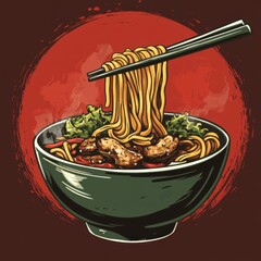 Delicious Bowl of Noodles with Vegetables and Chicken on Red Background