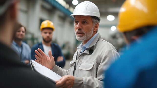 Engineering professional leading training session in factory setting, wearing hard hat and discussing safety protocols with attentive workers. atmosphere is focused and collaborative