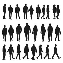Silhouettes of people walking, isolated on transparent background. Minimalist vector art for urban planning, architectural rendering, anonymous crowd concepts and graphic design.