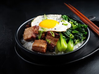 a rice bowl with fried pork belly, a sunny-side-up egg, and dark green vegetables on a black plate