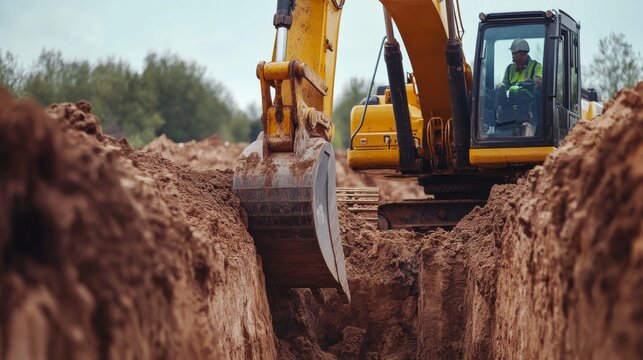Heavy machinery operator using an excavator to dig foundation trenches. Featuring strength and precision