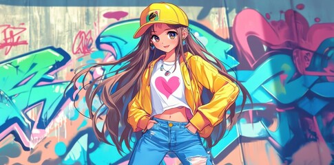 Vibrant Anime Girl Against Graffiti Art