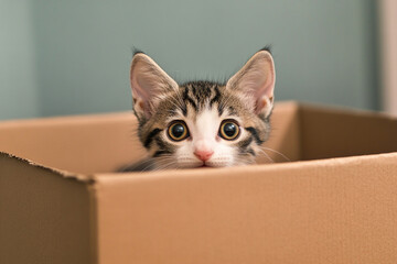 Kitten peeking out of box with curiosity is a funny and touching moment that reflects childish playfulness