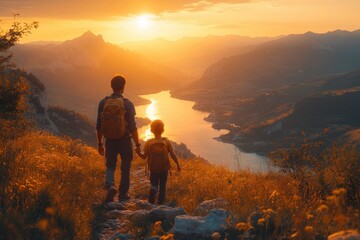 Fototapeta premium Happy Family Trekking Together in Mountain Landscape at Sunset