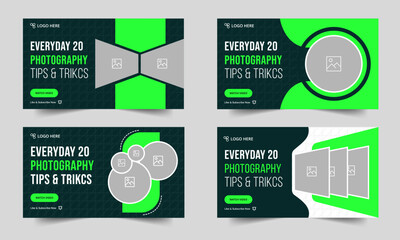 Trendy bundle photography tips and tricks video thumbnail design, customizable vector eps 10 file format