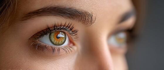 Naklejka premium Close-up of a woman's eye, showing intricate detail and color. The eye reflects light, lashes, and brow