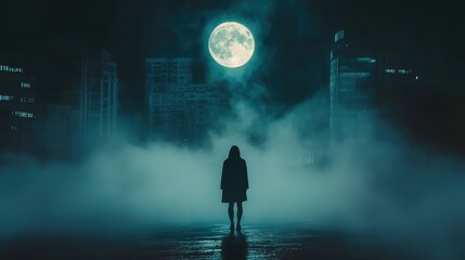 Fototapeta premium Mysterious figure stands atop a building overlooking a foggy city under a bright full moon at night