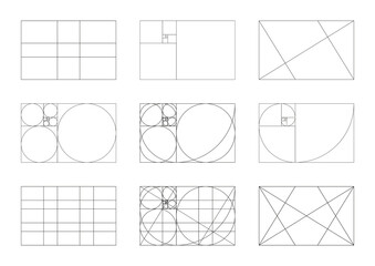 Set of Golden ratio minimal. Fibonacci array, numbers shapes. Harmony proportions frames template. Method golden section mockups collection. Harmony proportions grids. Outline graphic illustration.