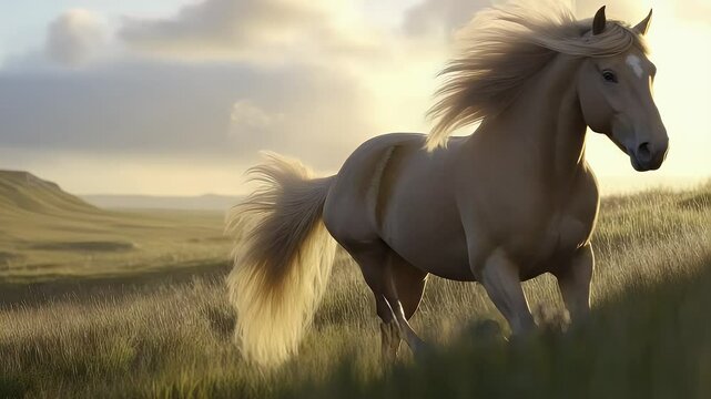 Palomino Horse Running in Golden Hour Sunlight Across Grassy Field