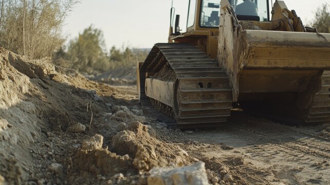 Land clearing operator using a bulldozer to level a construction site. Featuring strength and control
