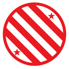 A bold graphic design featuring dynamic red and white stripes, accented with small stars, creating a striking circular emblem with a vibrant and energetic feel.