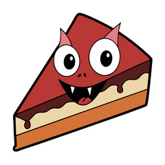 A mischievous vampire cake slice with big eyes and a playful grin, boasting a layered design and dripping chocolate.
