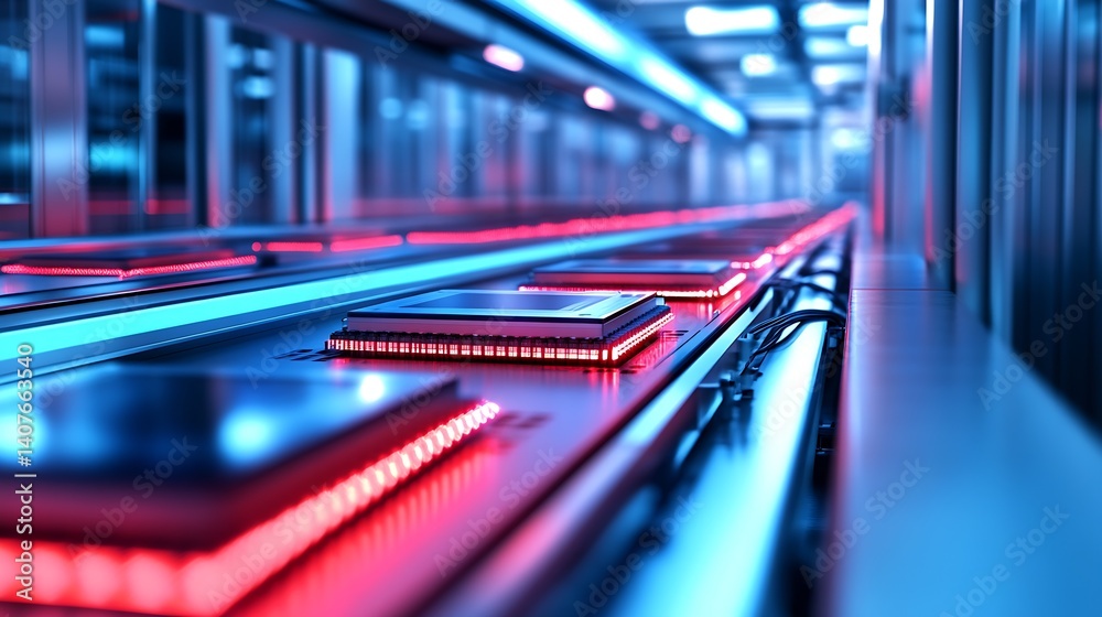 Aufkleber modern semiconductor manufacturing line with high-tech chips under neon lights : generative ai