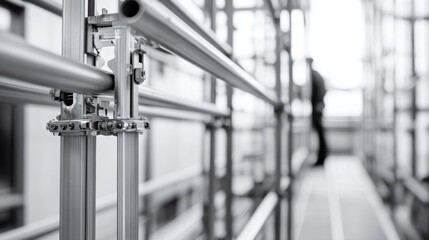 Scaffold worker securing supports at a building site. Featuring focus and safety