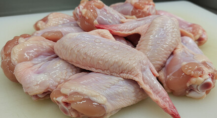 Raw chicken wings ready for cooking close up view on a cutting board pale pink color fresh poultry