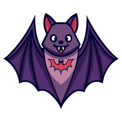 A charmingly cute cartoon bat spreads its wings, radiating joyful Halloween spirit with bold purple and red tones.