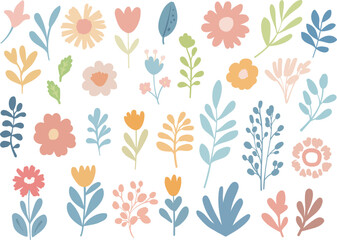 A vector illustration of children drawings featuring colorful hand-drawn flowers and leaves in a whimsical and playful style