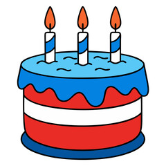 A celebratory three-candle cake, joyfully decorated in red, white, and blue, ready for a festive occasion with bold outlines and a cartoonish style.