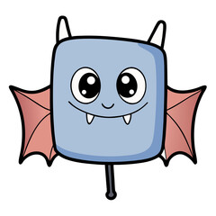A charming square bat monster with big, endearing eyes and tiny fangs, playfully flapping its rosy wings against a crisp white background.