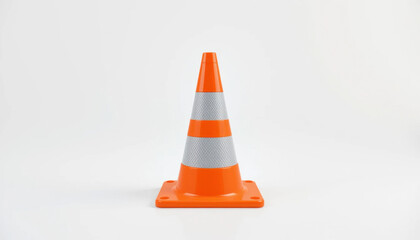 Bright Orange Traffic Cone with Reflective Stripes on White