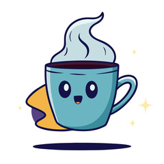 A cheerful, steaming mug of coffee with adorable cartoon eyes, soaring on a bright yellow comet trail against a clean white background.