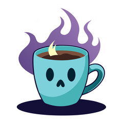 A cute spooky teal mug of steaming coffee, playfully personified with a skull-like face, enveloped in a mystical purple flame.