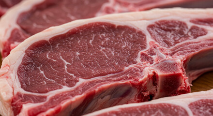 Rich red lamb chops ready for cooking close up view showcasing marbling and texture