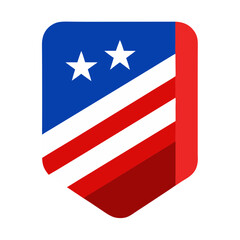 A patriotic shield design celebrating American pride, featuring bold red, white, and blue stripes and stars in a flat, graphic style.