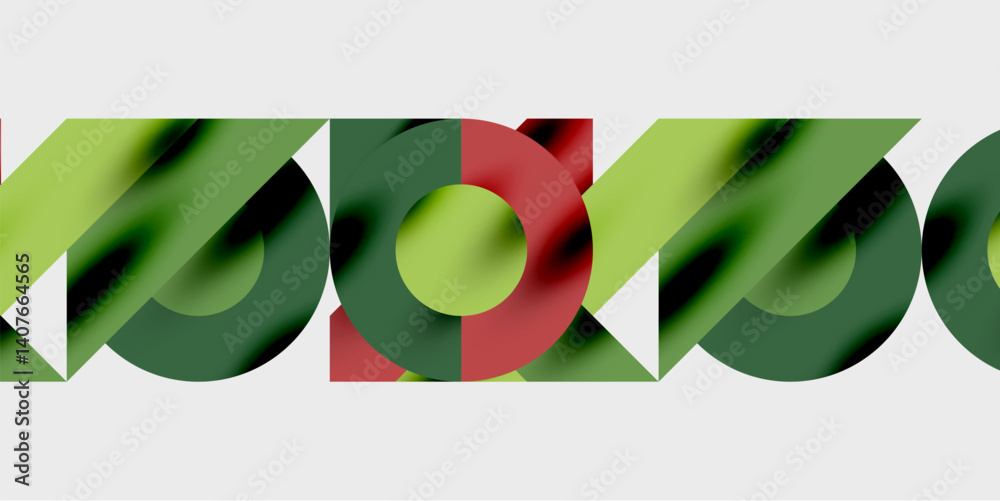 Poster abstract geometric shapes overlap, creating vibrant patterns. green, red, yellow hues dominate desig