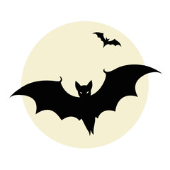 A shadowy bat soars majestically against a pale moon, a smaller bat accompanying it in a haunting Halloween night scene, depicted in simple silhouettes.