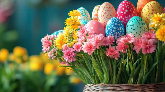 Colorful Easter eggs & vibrant spring flowers in festive basket zoom video. Close-up holiday decoration, ideal for Easter greetings, crafts & seasonal marketing background.