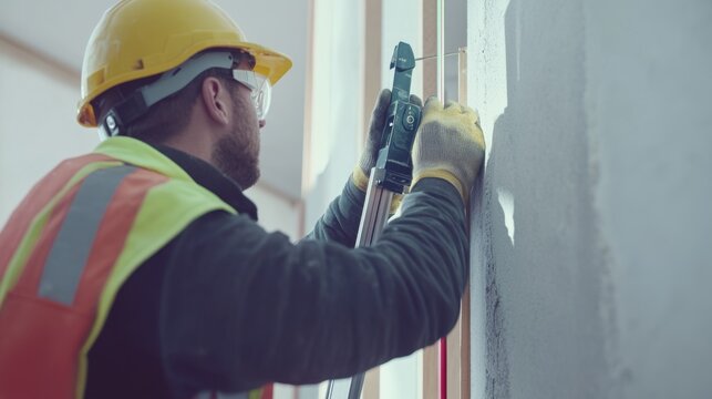 Construction worker using a laser level to ensure straight walls. Featuring precision and technology