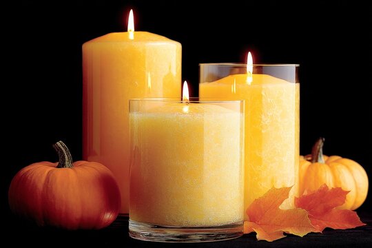 Warm autumn candle arrangement with pumpkins and leaves creating a cozy atmosphere for the season
