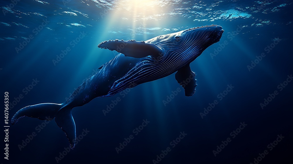 Aufkleber stunning underwater view of humpback whale in vast ocean illuminated by sunlight : generative ai