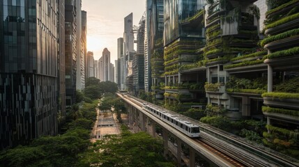 Fototapeta premium Eco-Friendly Vertical Gardens on Modern Skyscrapers with Solar Panels and Green Skybridges, Electric Tram Commuting Below in Golden Hour Sustainable Cityscape