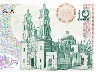 Cathedral in Dolores Hidalgo from old Mexican money