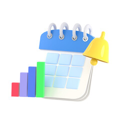 3D rendered calendar icon with bell and bar diagram. Represents reminders for meetings, events, or tasks in a planner on transparent PNG background.