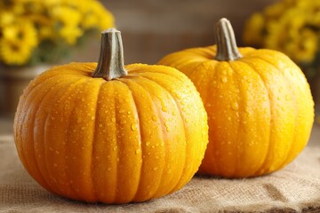 Freshly harvested pumpkins with water droplets on burlap in autumn setting with flowers in background