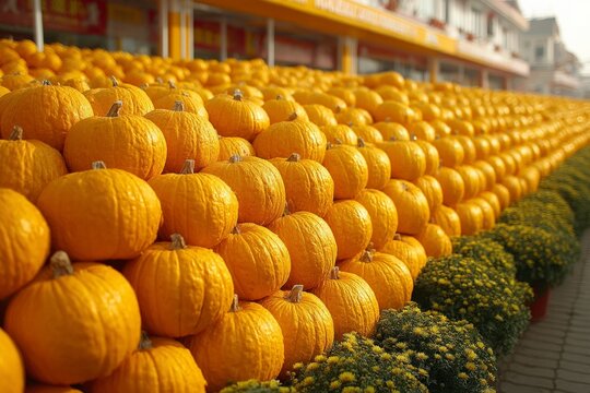 Bright orange pumpkins displayed in a market during autumn harvest season in a rural town