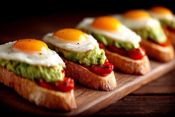 Delicious avocado toast with fried eggs and tomatoes served on a wooden board during brunch time